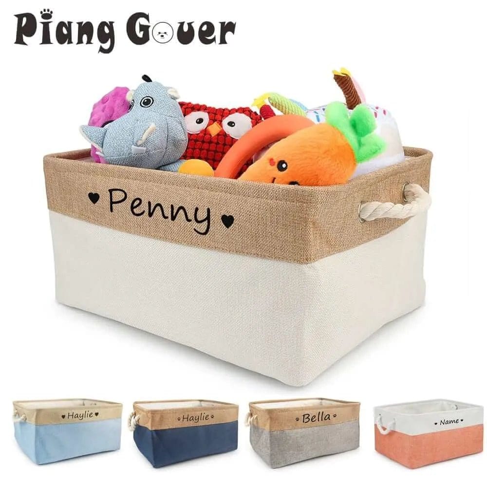 Personalized dog toy basket organizer with custom pet name - woven storage basket for dog toys and accessories - stylish dog toy bin for living room in multiple sizes

