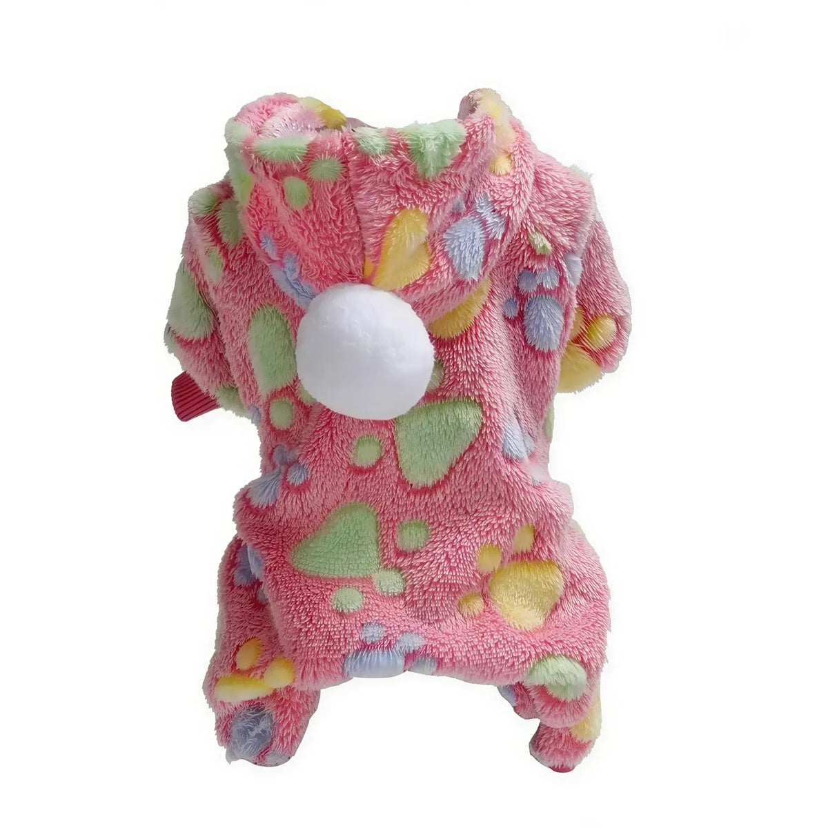 Pink fleece dog jacket with colorful paw prints, a hood, and a white pom-pom on the back.