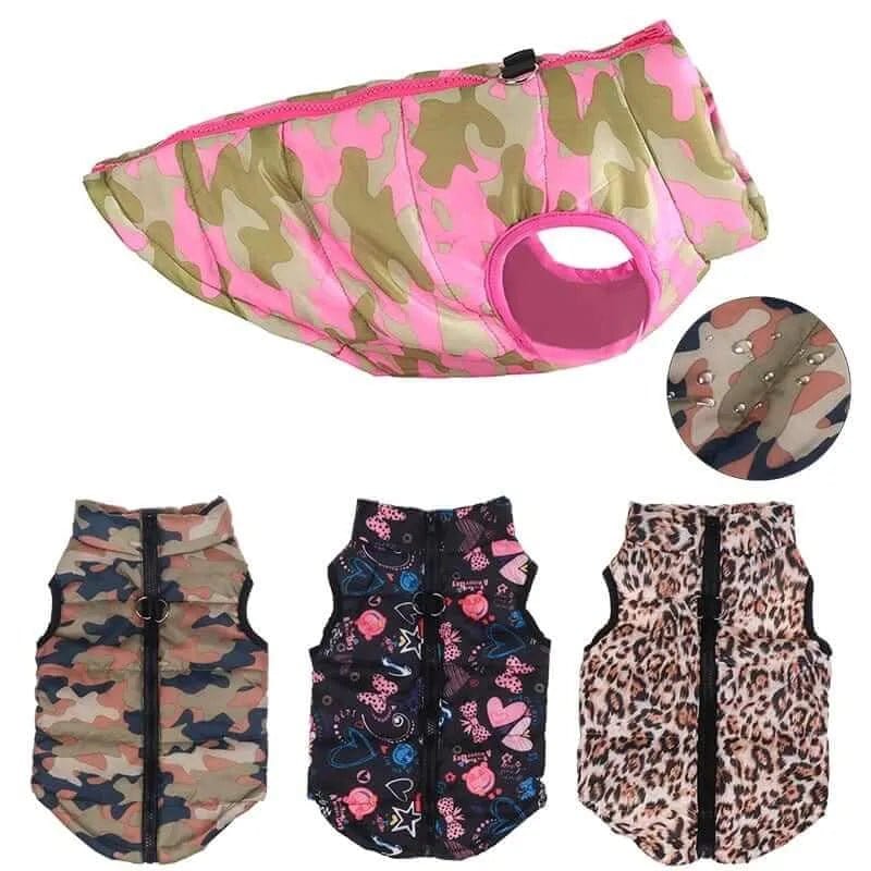 A collection of quilted and padded dog puffer jackets in various colors and patterns, including camouflage and animal prints.