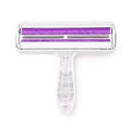 White plastic pet hair roller with a T-shaped handle and two purple fabric lint-catching strips.