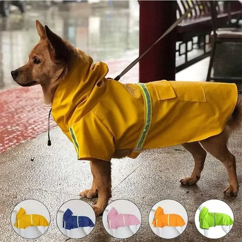 Reflective breathable waterproof dog jacket for dogs - lightweight rain coat with high-visibility reflective strips and transparent rain cap - available in blue, yellow, pink and orange

