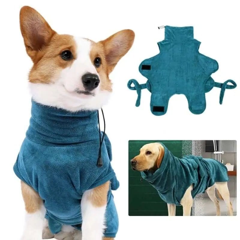 A dog bathrobe depicted in blue color, shown on a corgi and a larger dog to illustrate fit, alongside the robe laid flat to show design details.