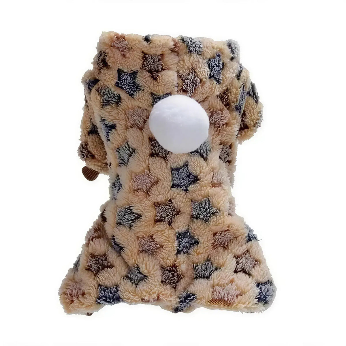 with a brown and grey star pattern and a white pom-pom on the back." (9