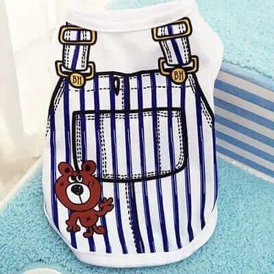 White mesh dog vest with a blue striped overall print, BH buckles, and a brown bear character.