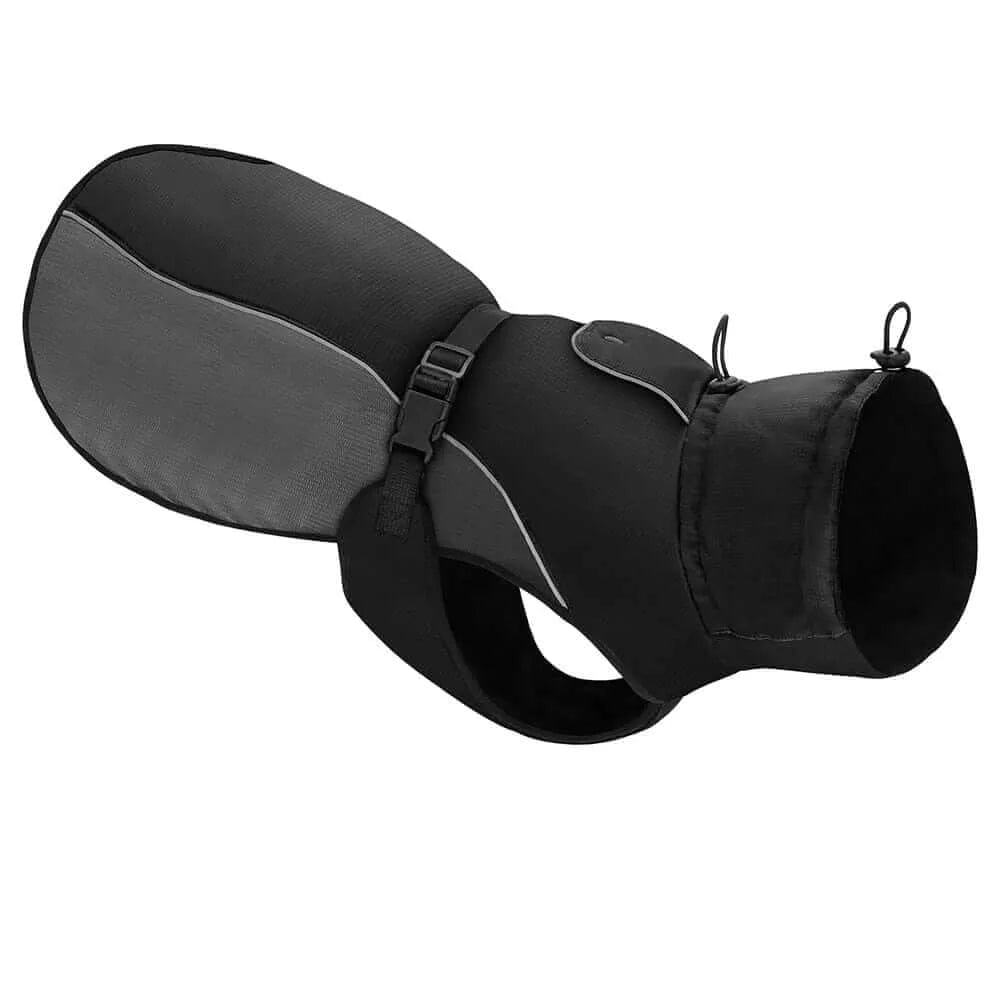 Black and grey fabric dog coat with a high collar, adjustable plastic buckle strap, and reflective silver piping.