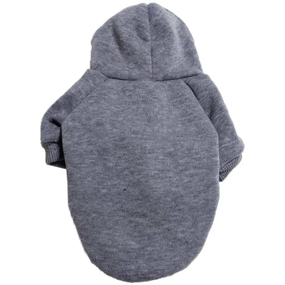 Grey fabric dog hoodie with a hood and ribbed cuffs shown from the back against a white background.
