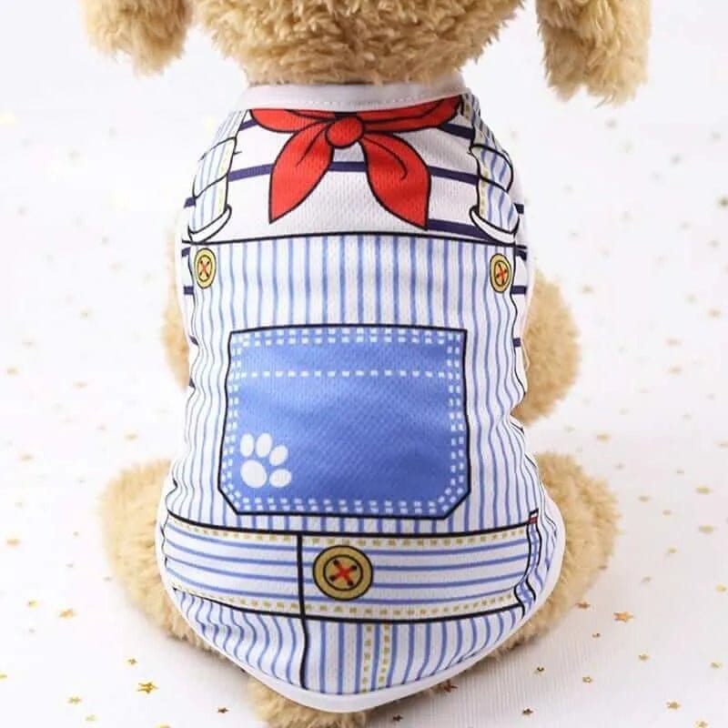 Blue and white striped mesh dog vest with a red scarf print and a blue pocket featuring a white paw print.