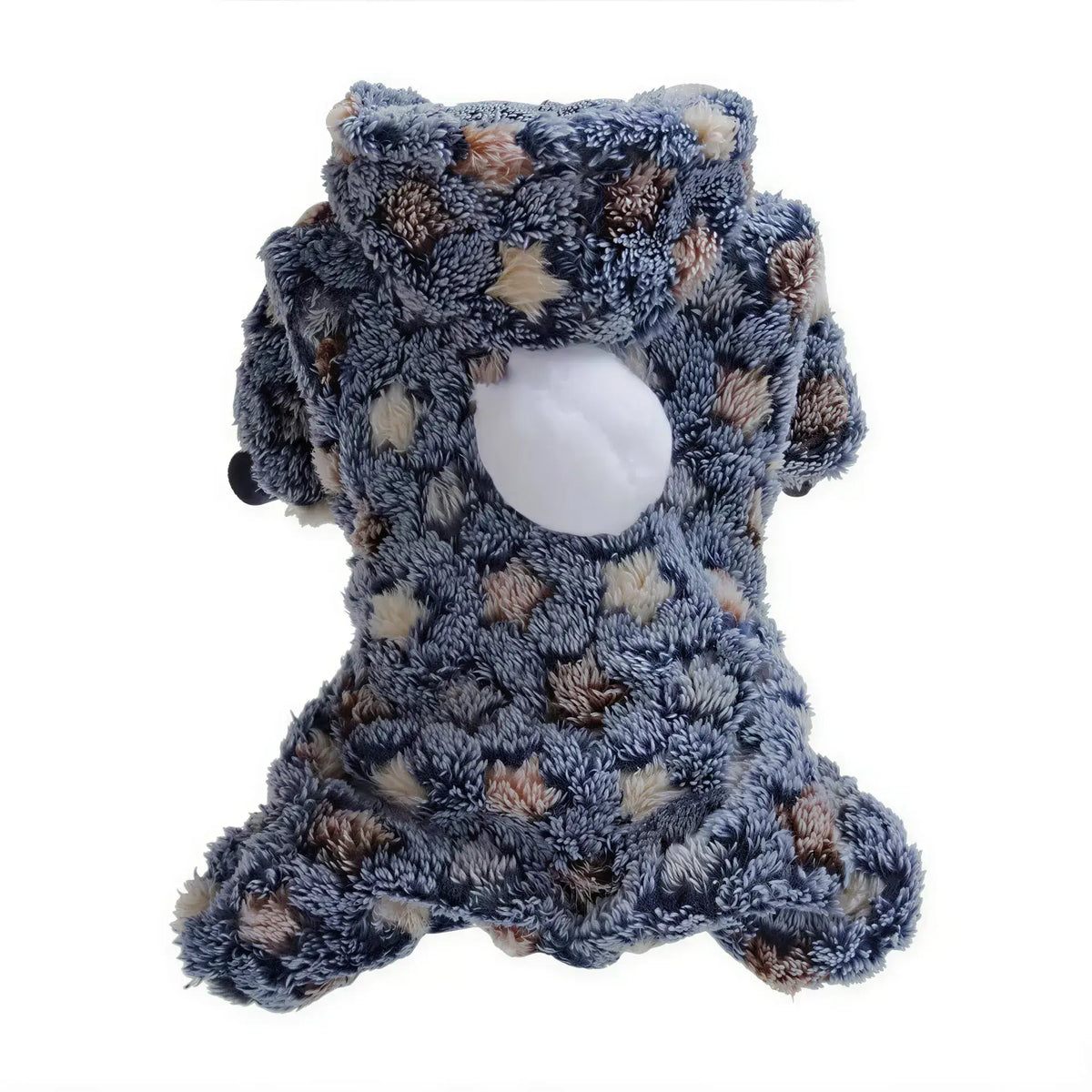 Blue and tan patterned fleece dog jacket with a white pom-pom on the back.
