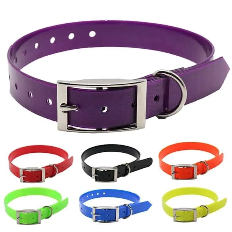 A collection of waterproof dog collars in various colors, including purple, black, red, blue, green, and yellow, displayed with a metal buckle and ring.