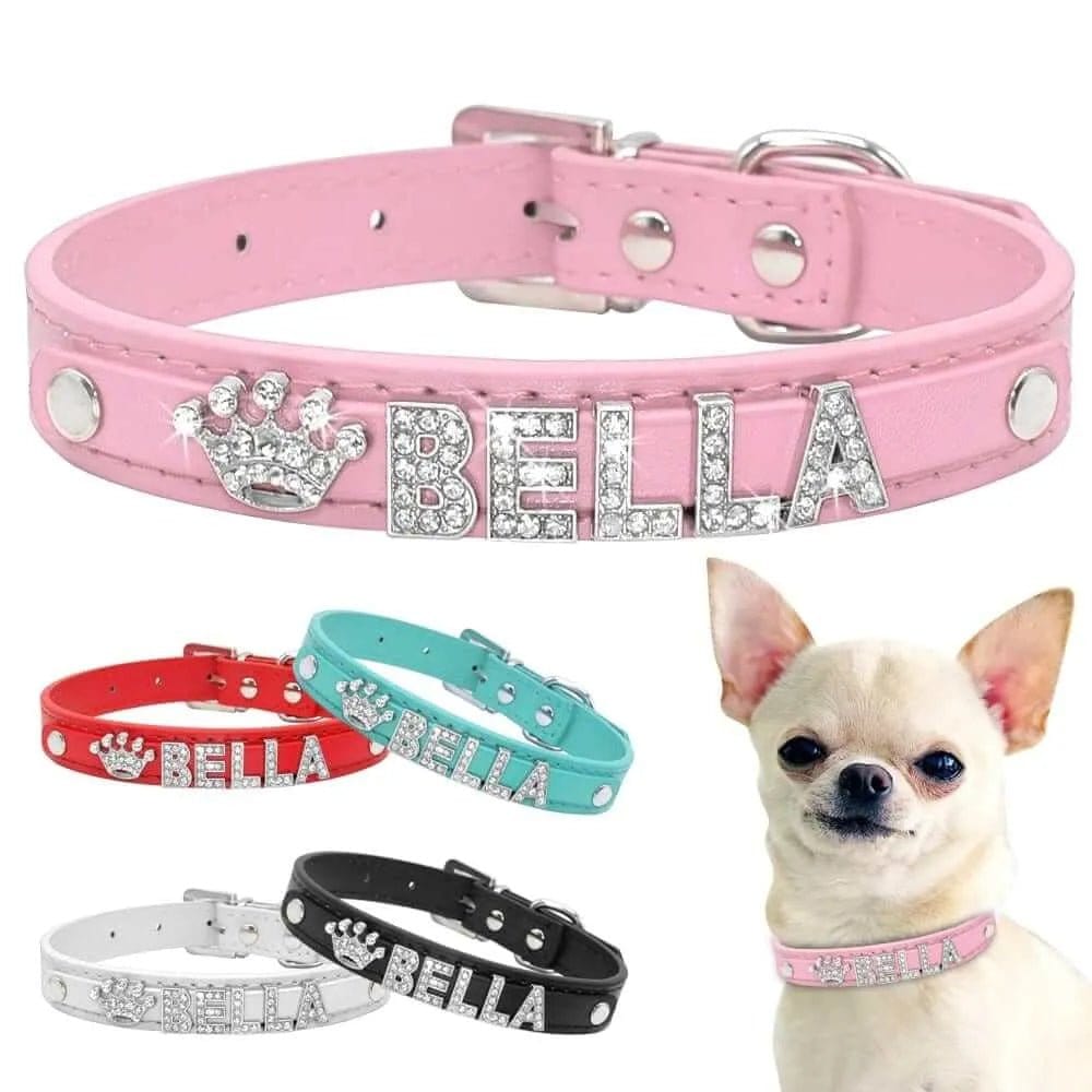 Personalized bling rhinestone luxury dog collar - custom name crystal diamond collar for small and medium dogs - elegant adjustable pet collar with gemstone embellishments