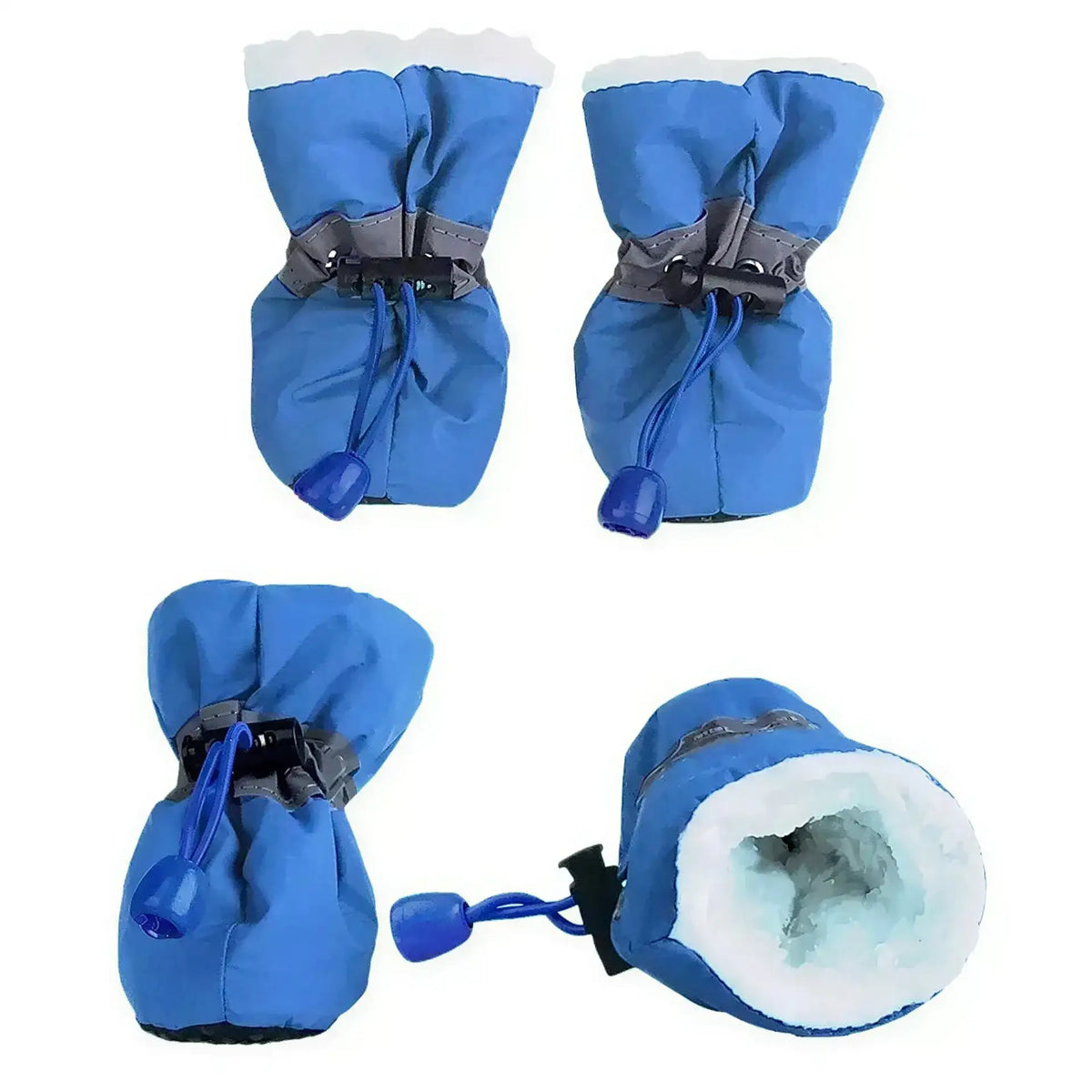 Four blue fabric dog booties with white fleece lining and drawstrings, with one showing the interior.