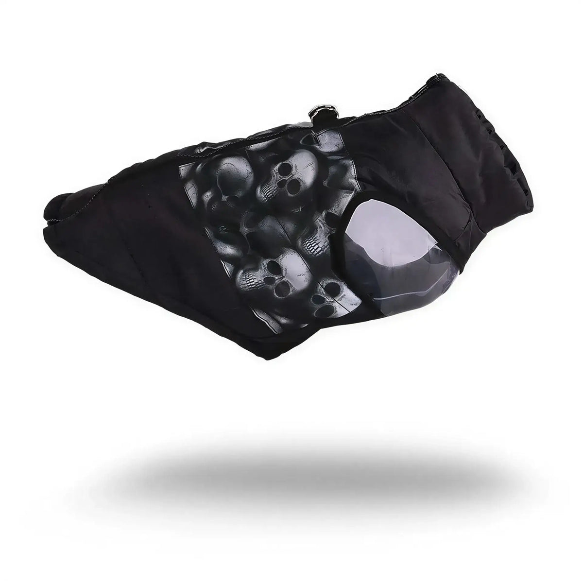Black quilted dog puffer jacket featuring a grey skull pattern panel and a clear plastic pocket.