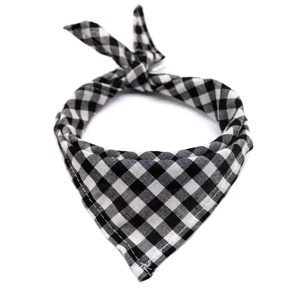 Black and white gingham fabric dog bandana tied in a loop on a white background.