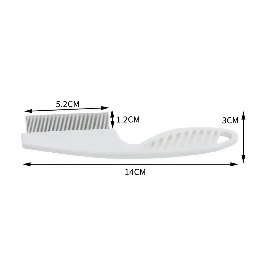 White plastic pet flea comb with metal teeth and printed dimensions of 14cm, 5.2cm, 1.2cm, and 3cm.