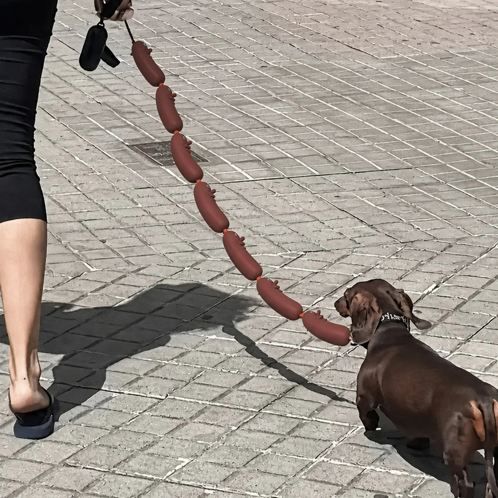 A dachshund dog walks on a paved outdoor path while pulling a long chain of sausages on a leash, with a person's legs visible holding the leash.