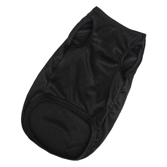 Black fabric dog tank top with two arm holes and a ribbed neckline shown flat against a white background.