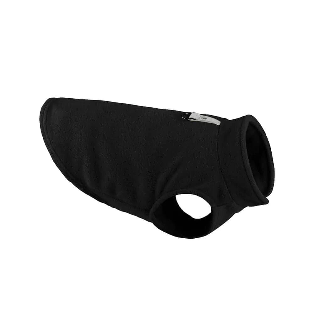 Black fleece dog jacket with a high collar and leg holes, featuring a small grey adjustable strap on the back.