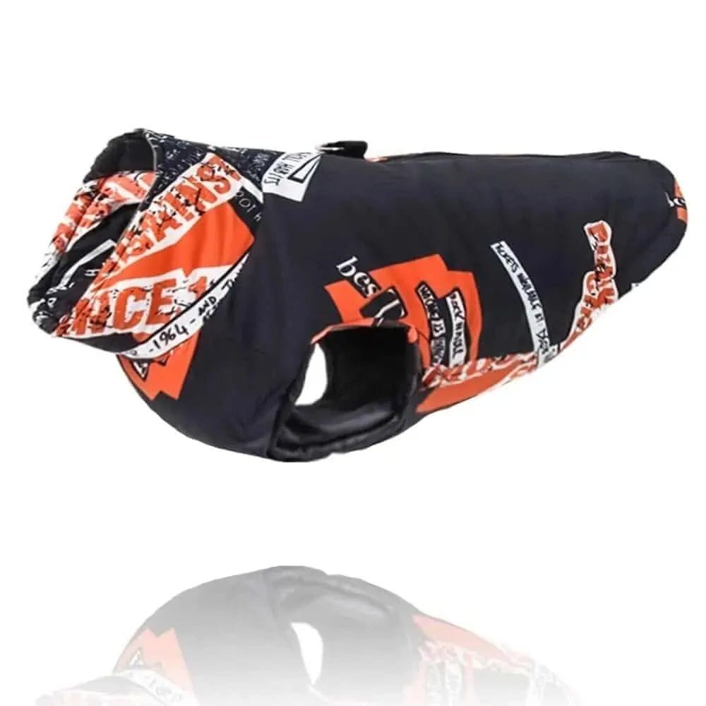 Black and orange fabric dog puffer jacket with white graphic print and high collar.