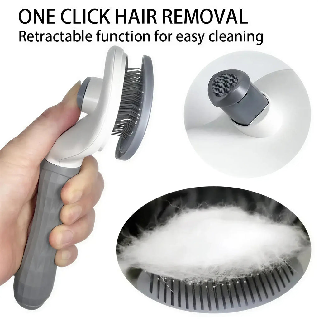 Grey and white plastic pet slicker brush with metal bristles and a retractable cleaning button.