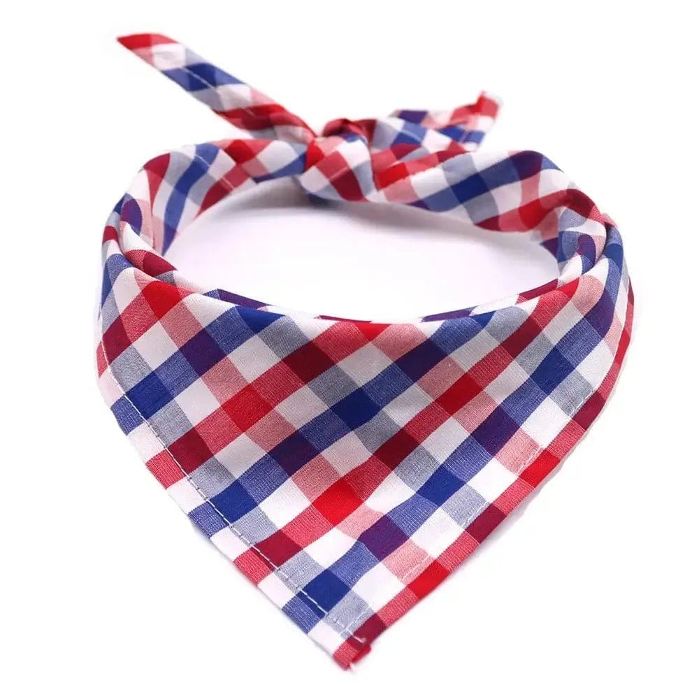 Red, white, and blue gingham fabric dog bandana tied in a circle.