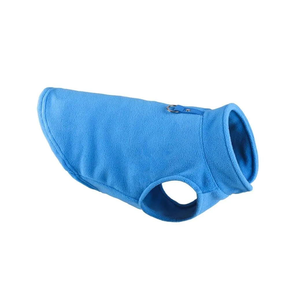 Blue fleece dog jacket with a high collar, leg holes, and a metal leash attachment ring on the back.