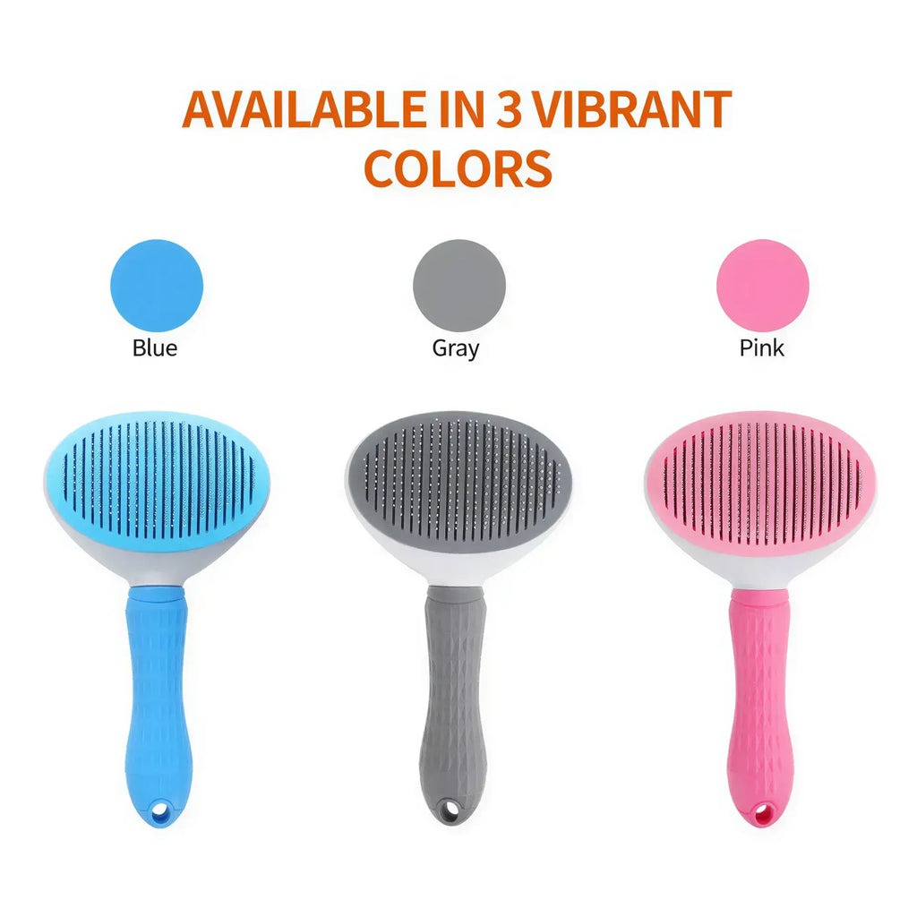 Three plastic pet slicker brushes with textured handles shown in blue, gray, and pink.
