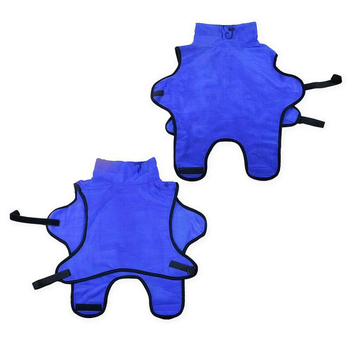 Two blue fabric dog bathrobes with black trim and hook-and-loop straps shown from front and back views.