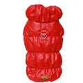 Red quilted puffer dog coat in shiny fabric with a high collar, two metal D-rings, and a small badge at the hem.