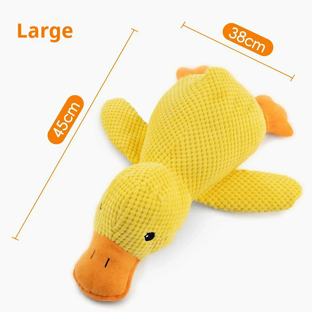 Yellow textured fabric duck plush toy with orange beak and feet. Text indicates Large size, 45cm long and 38cm wide.