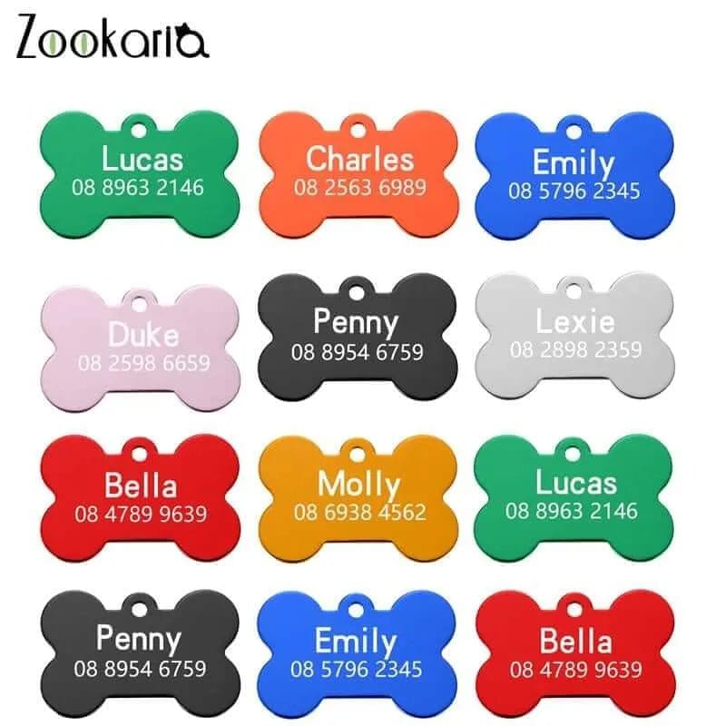 Personalized double sided engraved dog bone tag - custom pet name and contact info ID tag - stainless steel bone shaped dog tag with engraving on both sides

