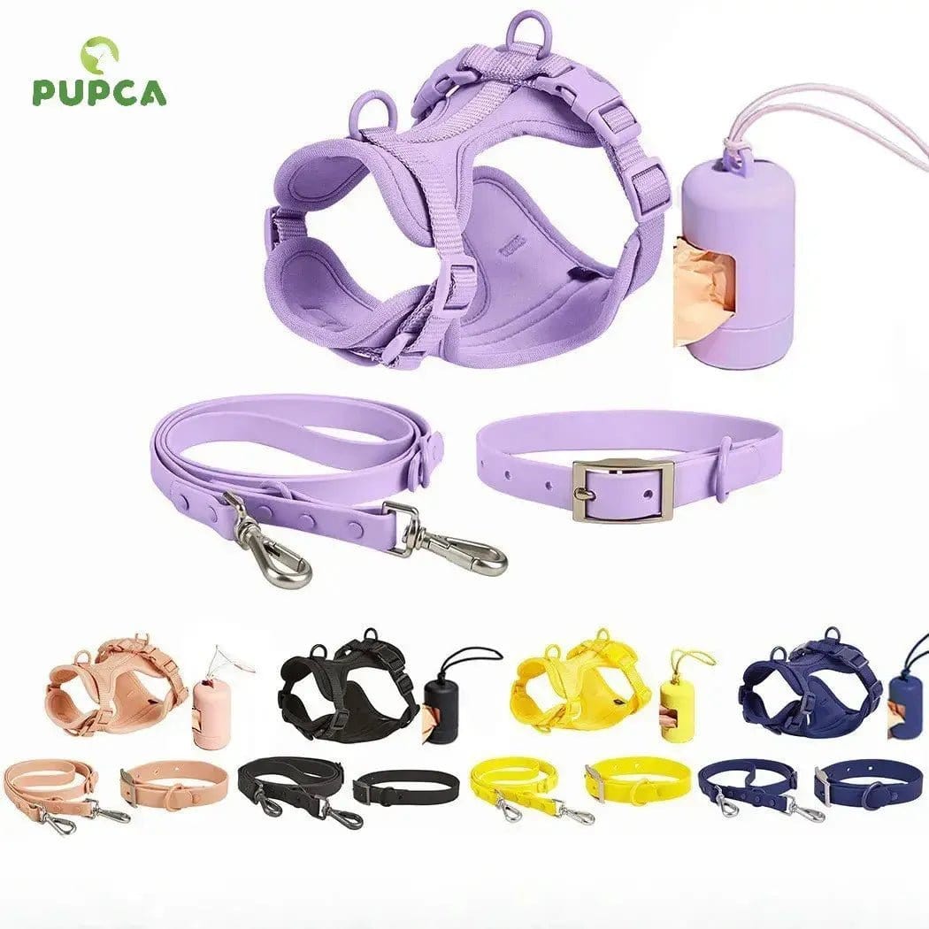 PVC adjustable dog collar harness and leash set - waterproof no-pull dog harness with matching collar and leash for small medium and large dogs - durable pet walking set

