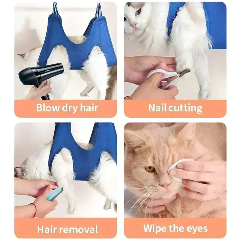 Collage of a pet grooming session with a blue pet hammock, including blow-drying, nail cutting, hair removal, and eye wiping.