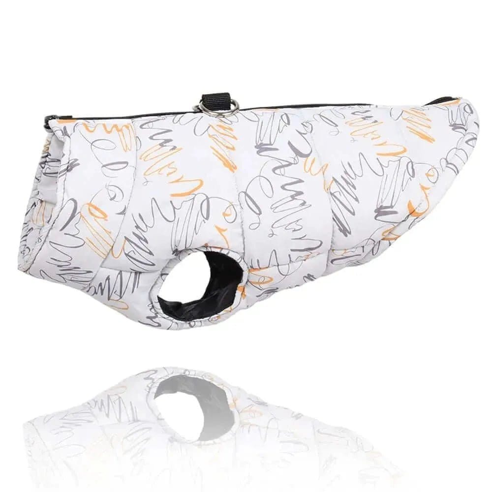White quilted fabric dog jacket with grey and orange scribble patterns, featuring a metal leash ring on the back.