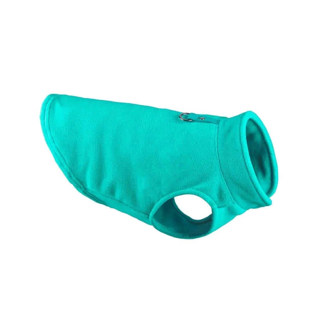 Teal fleece dog jacket with a high collar, leg holes, and a metal D-ring on the back.