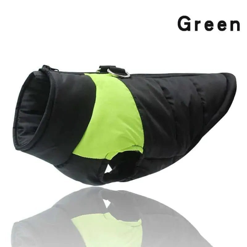 Black and neon green padded fabric dog jacket with a metal D-ring on the back and the word Green printed above.
