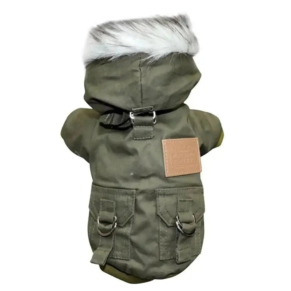 Olive green fabric dog parka with a white faux-fur hood, two cargo pockets, and a brown Hotdiggidydog label.