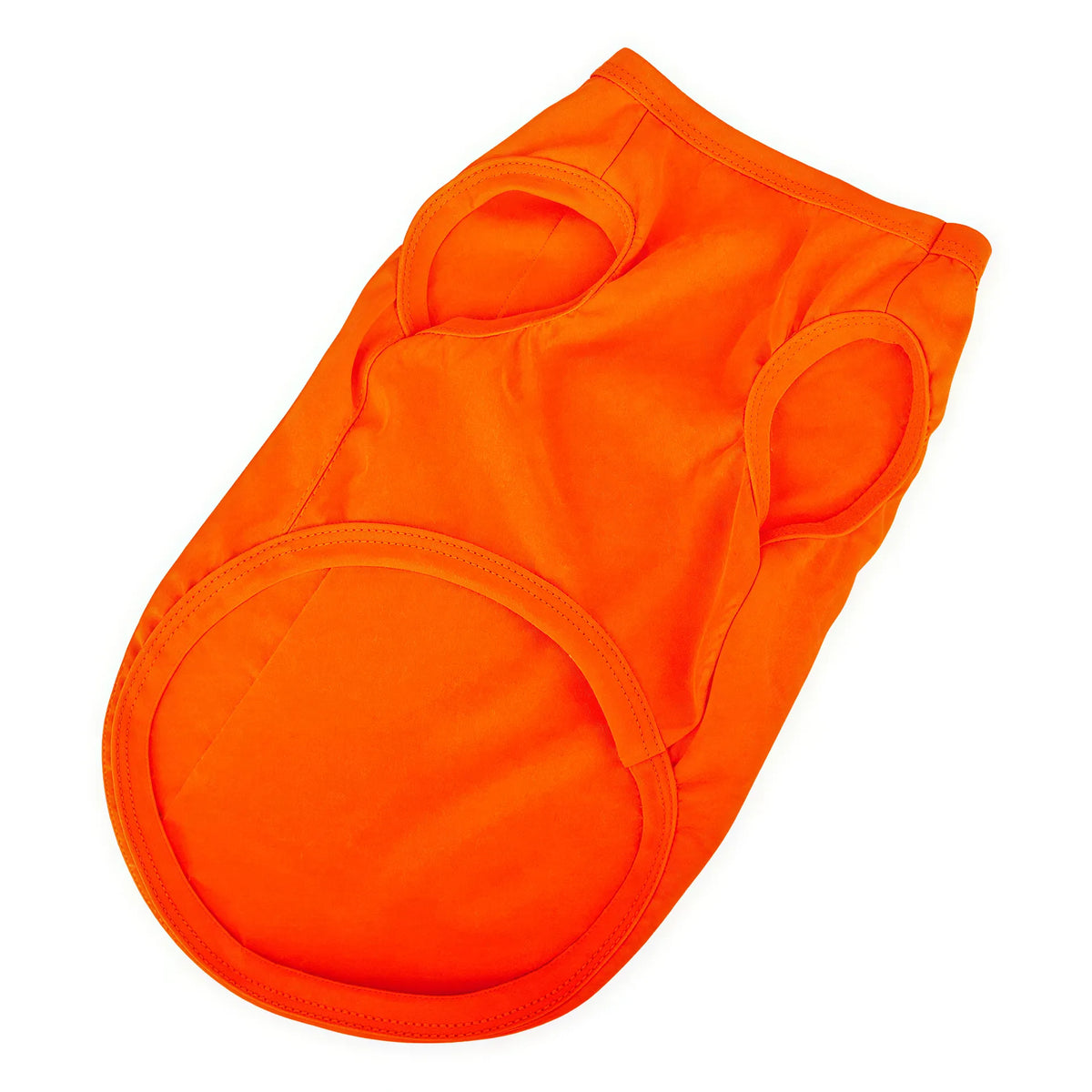 One orange fabric dog tank top with two arm holes and a large bottom opening, shown flat against a white background.