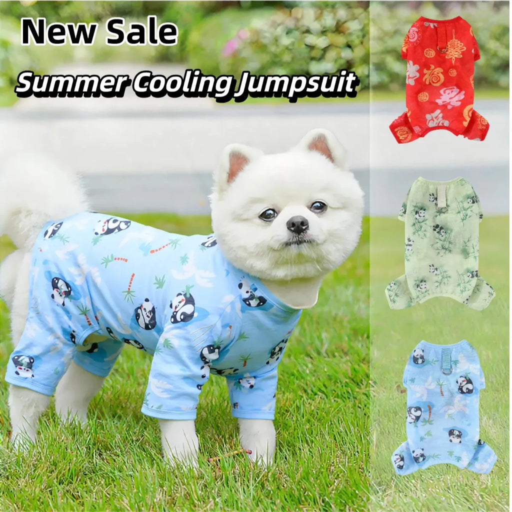 Dog wearing a blue cooling jumpsuit with additional images of similar products on a grassy background.
