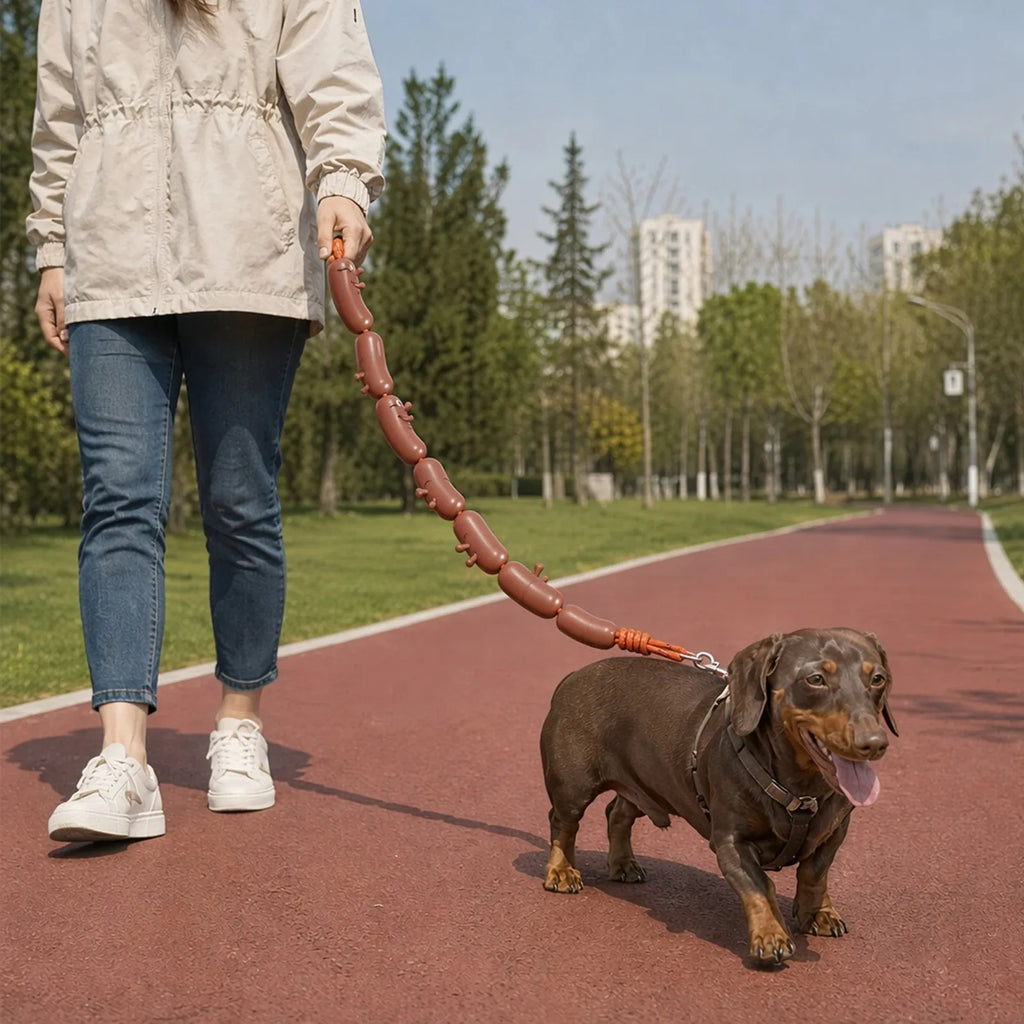 A person walking a dachshund on a red running track in a park, using a segmented flexible dog leash.