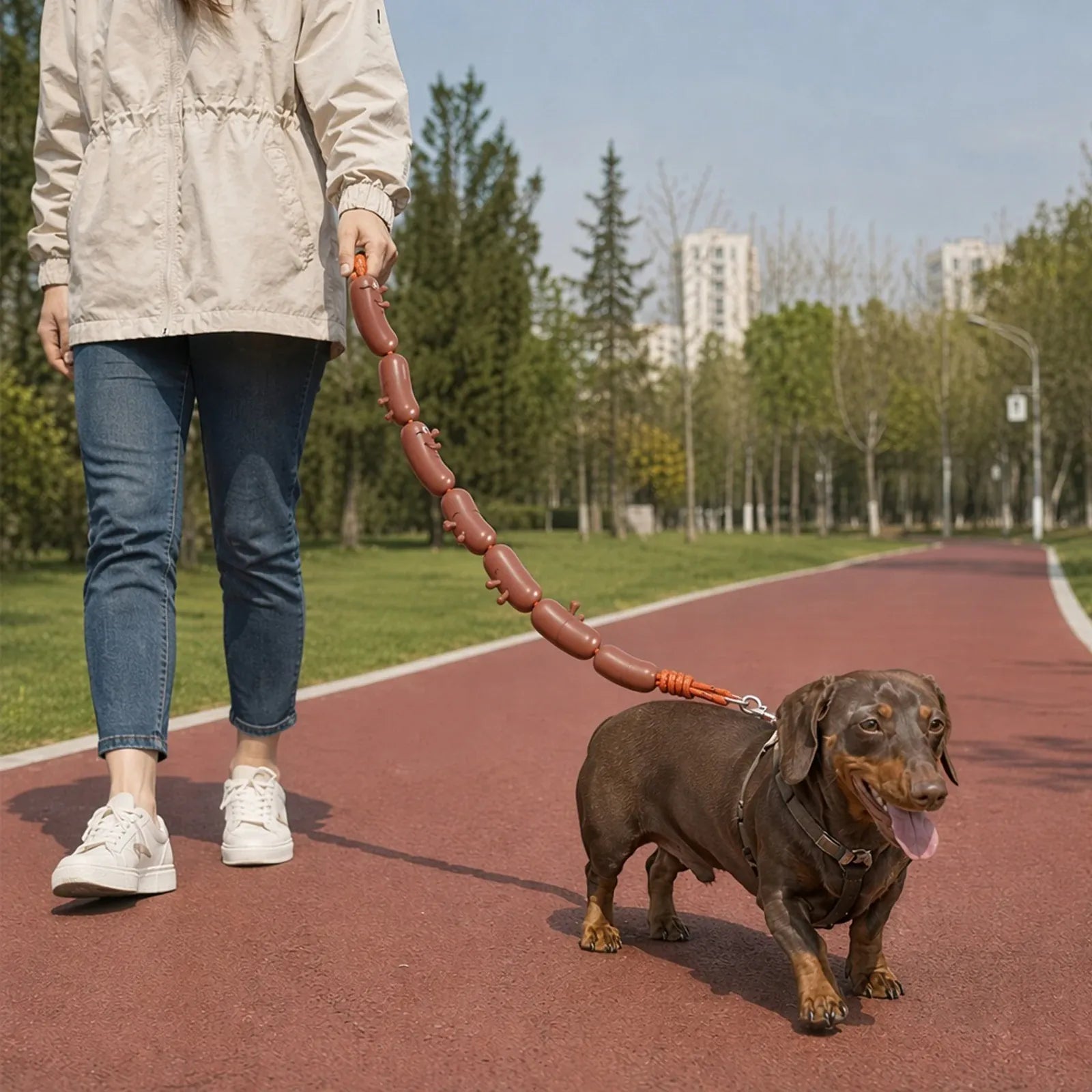 A person walking a dachshund on a red running track in a park, using a segmented flexible dog leash.