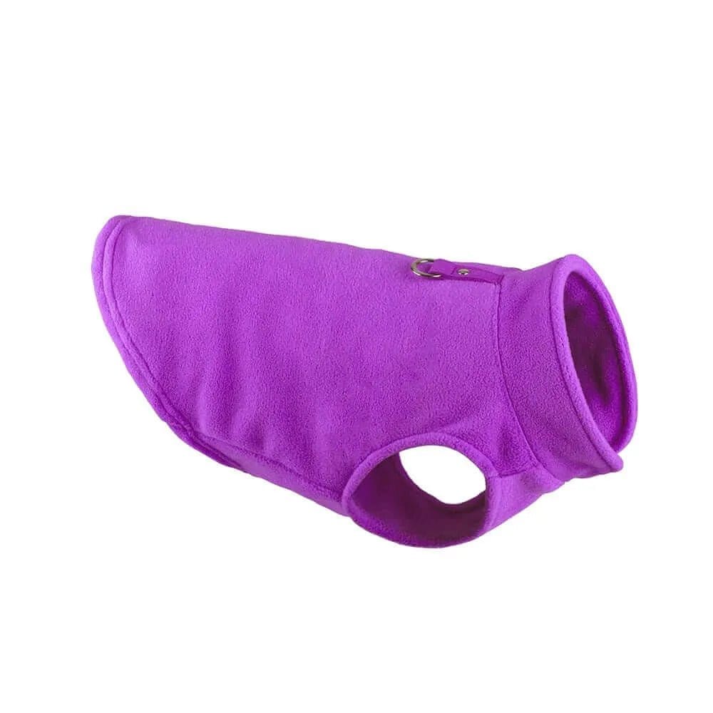 Purple fleece dog jacket with a high collar, leg holes, and a metal leash ring on the back.