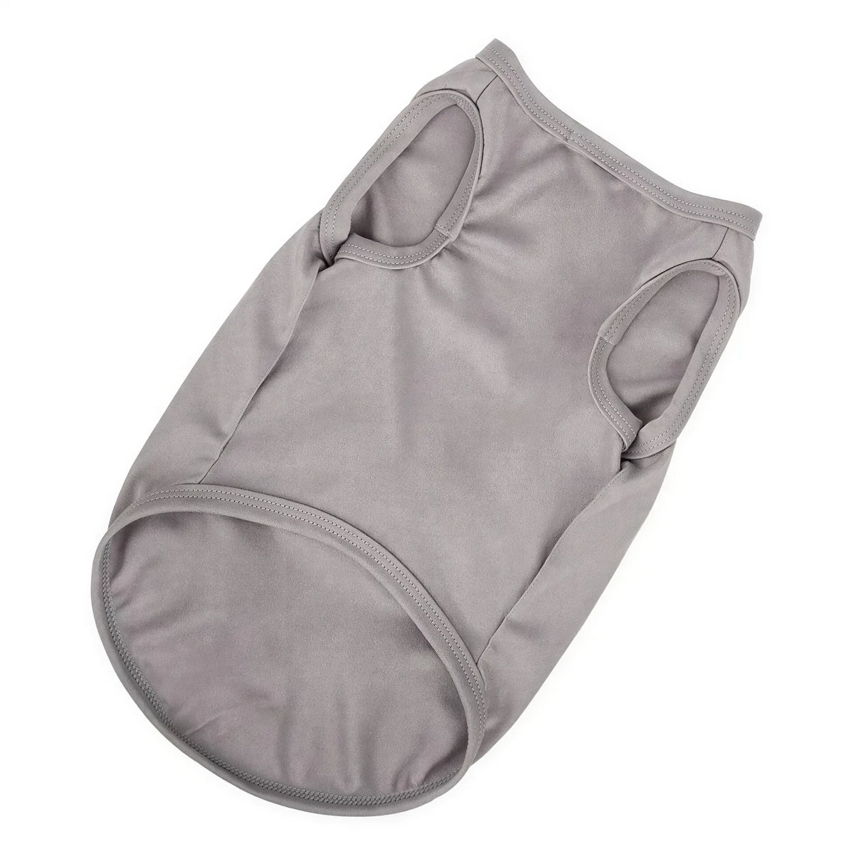 One grey fabric dog tank top with two arm holes and a ribbed collar, shown flat against a white background.