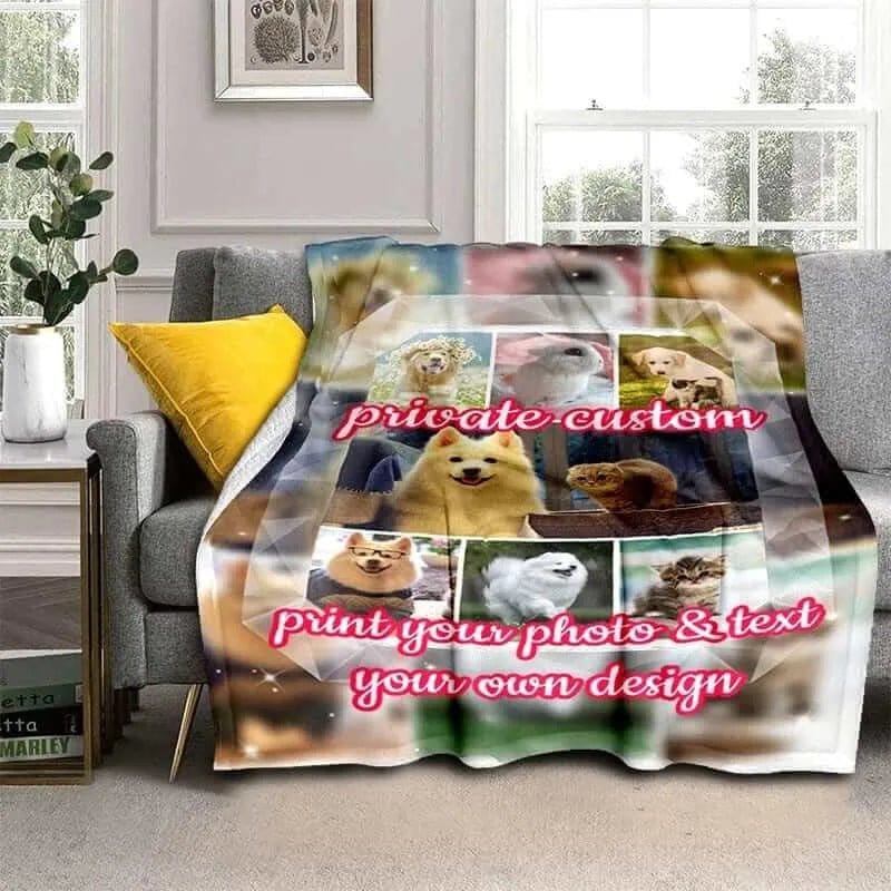 Personalized dog fleece blanket with custom pet name and photo - ultra-soft flannel fleece dog blanket for couch, crate and travel - available in 6 sizes

