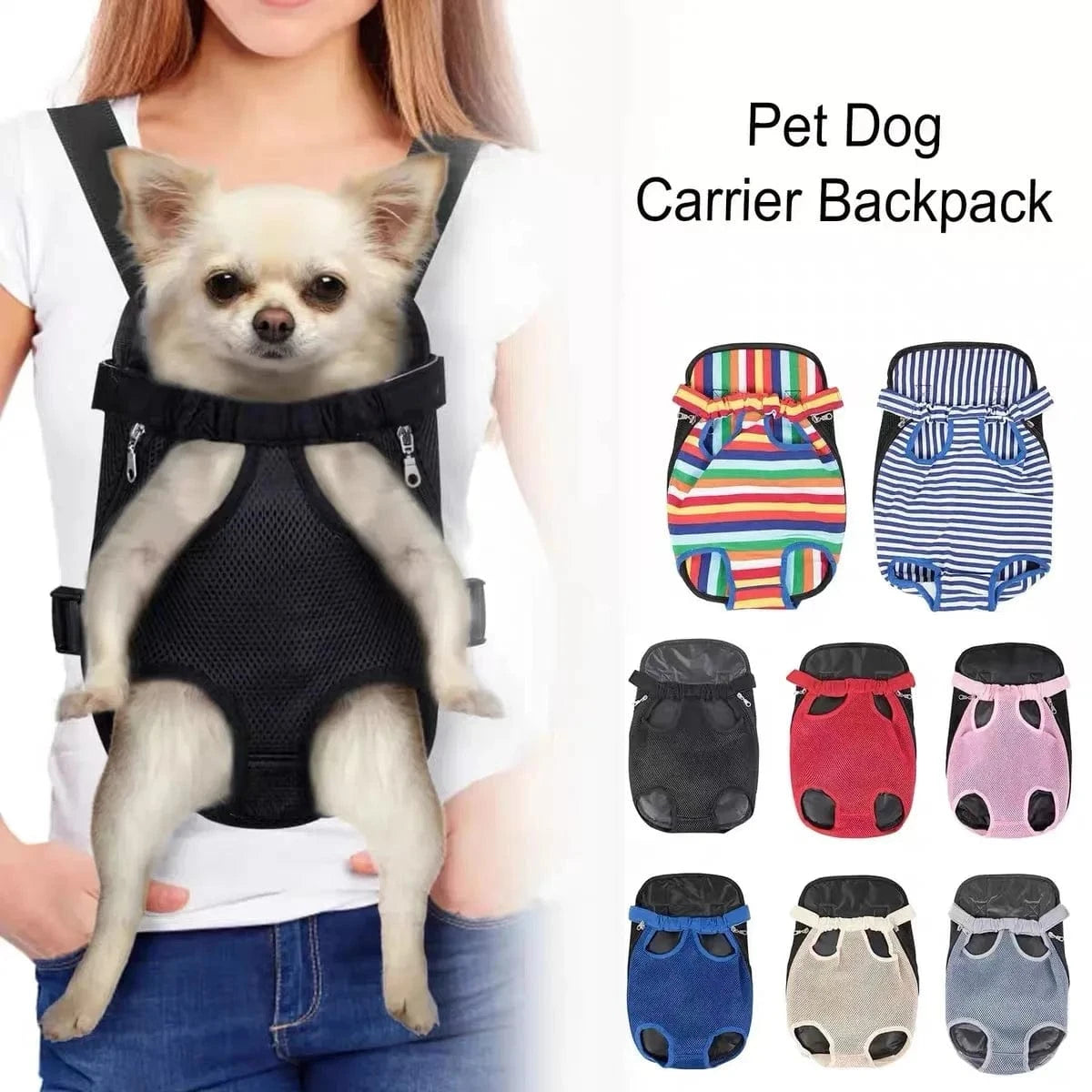 A collage of images showing a small dog wearing a black harness carrier backpack, available in various colors, with additional color variants shown alongside.