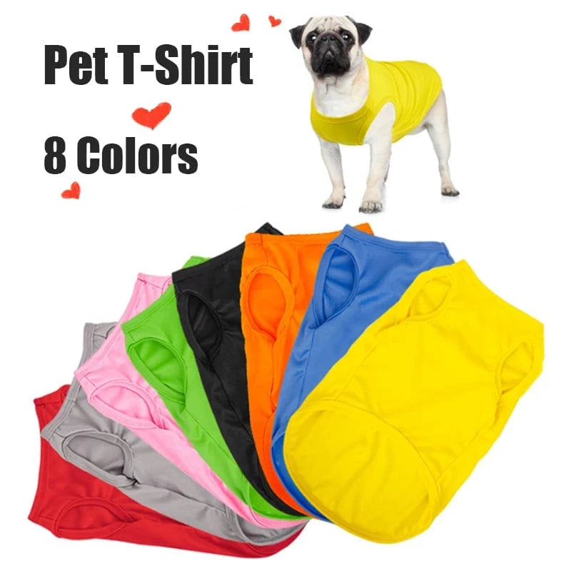 A collage of pet tank tops in various solid colors, with a dog modeling one of the tank tops in the image. The colors include yellow, pink, green, blue, orange, red, gray, and black.