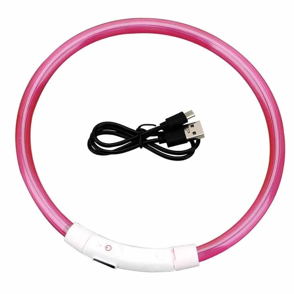 Pink plastic circular LED dog collar with a white control switch and a black USB charging cable.