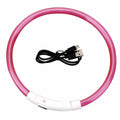 Pink plastic circular LED dog collar with a white control switch and a black USB charging cable.