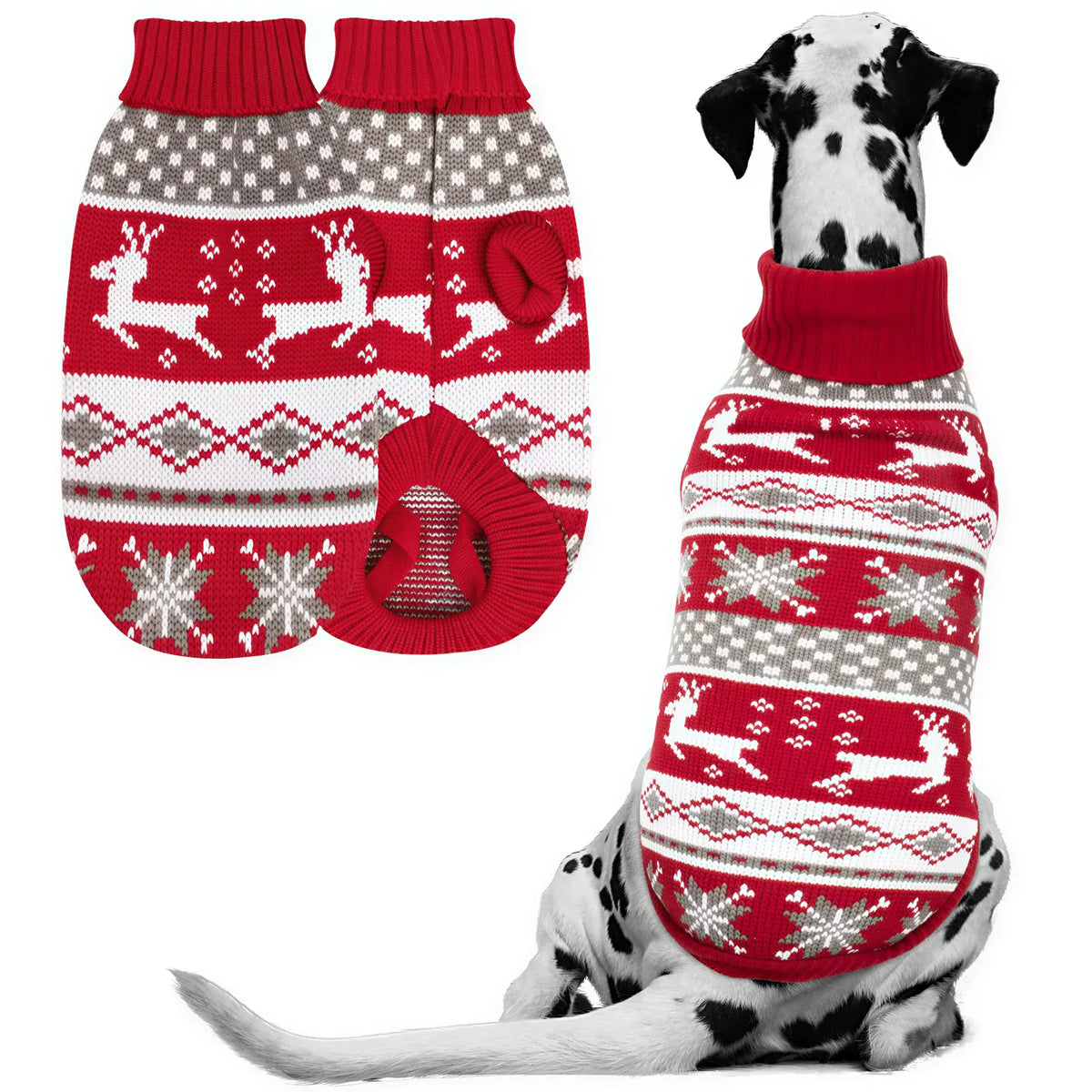 Christmas Dog Sweater – Reindeer & Stripe Turtleneck