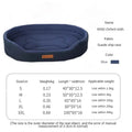 Blue oval fabric pet bed with a bone-shaped stitched pattern in the center, next to a size chart.