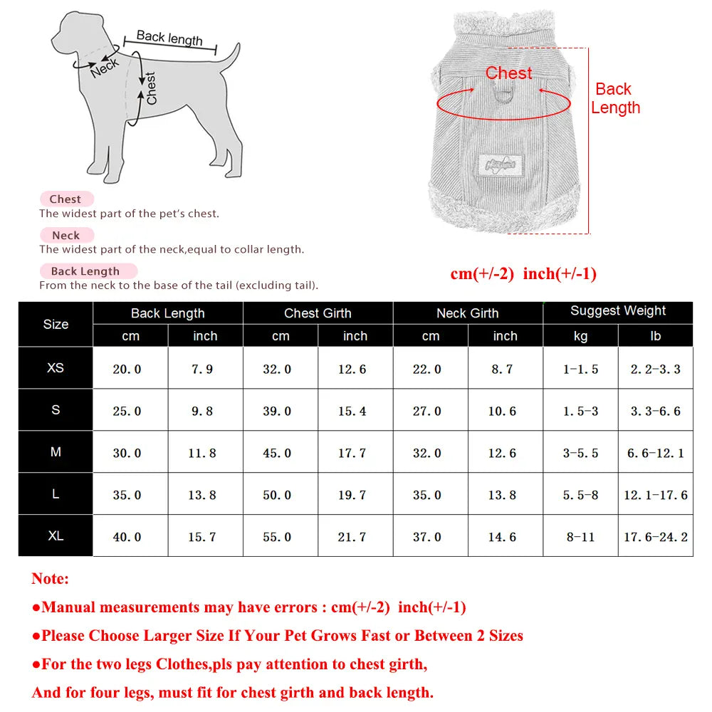 Grey fleece dog vest with a D-ring and a size chart showing measurements for XS through XL.